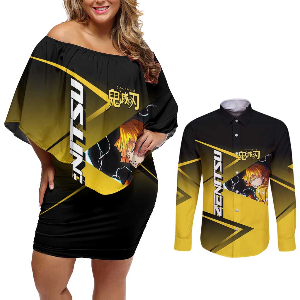 Zenitsu Agatsuma Thunder Smash Couples Matching Off Shoulder Short Dress and Long Sleeve Button Shirt Sporty Anime Mashup Style