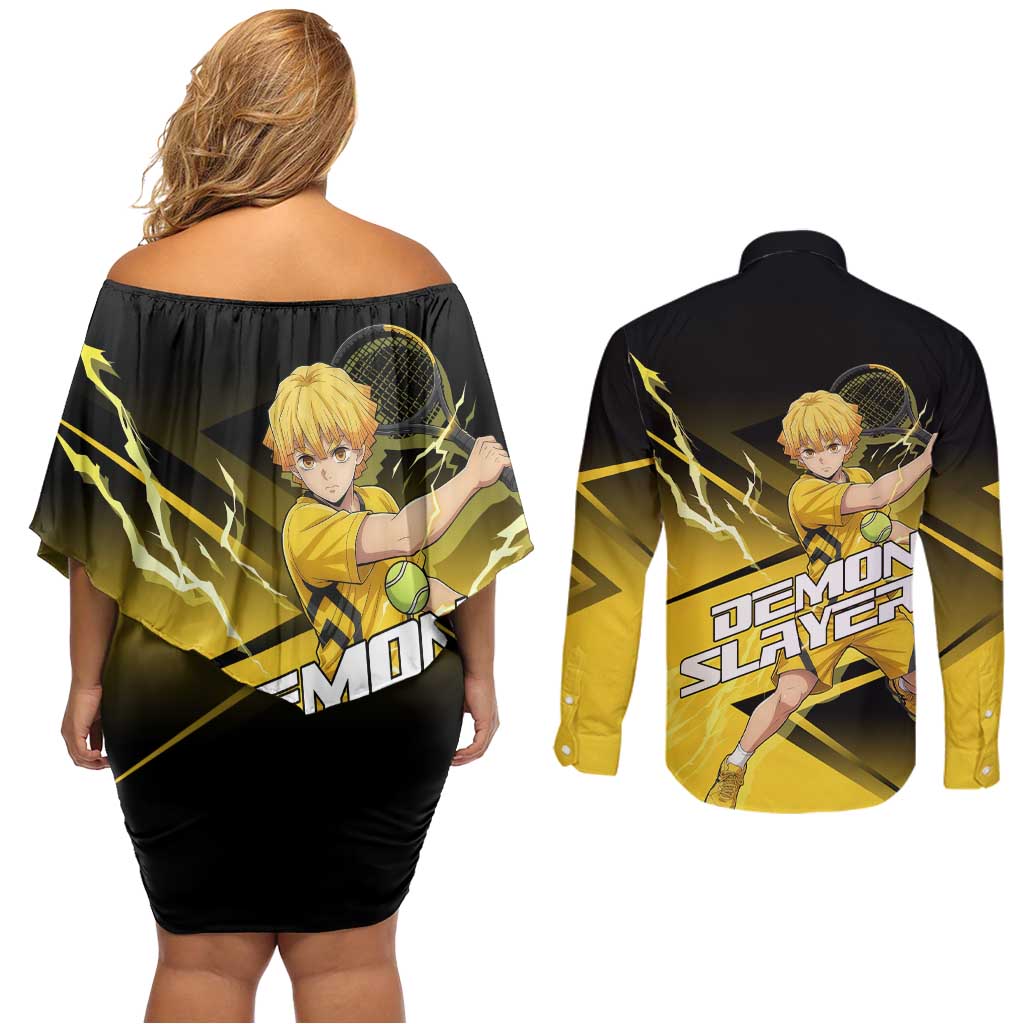 Zenitsu Agatsuma Thunder Smash Couples Matching Off Shoulder Short Dress and Long Sleeve Button Shirt Sporty Anime Mashup Style