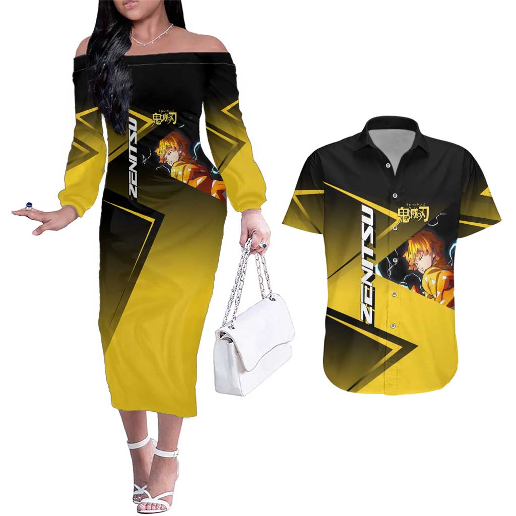 Zenitsu Agatsuma Thunder Smash Couples Matching Off The Shoulder Long Sleeve Dress and Hawaiian Shirt Sporty Anime Mashup Style