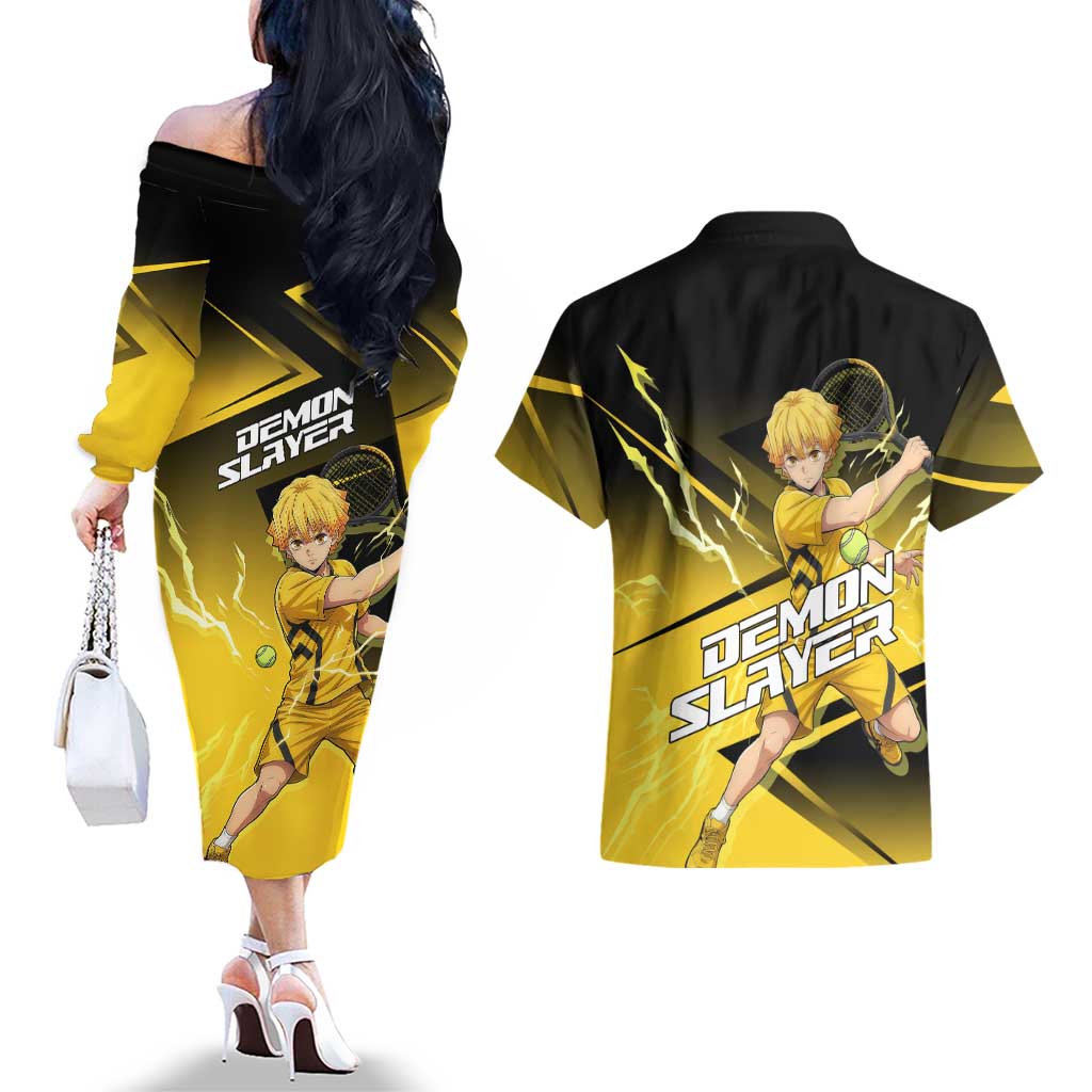 Zenitsu Agatsuma Thunder Smash Couples Matching Off The Shoulder Long Sleeve Dress and Hawaiian Shirt Sporty Anime Mashup Style