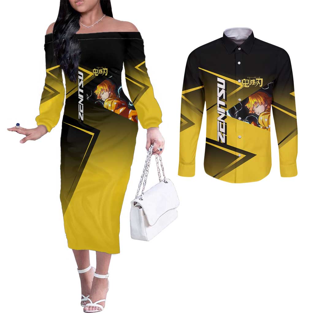 Zenitsu Agatsuma Thunder Smash Couples Matching Off The Shoulder Long Sleeve Dress and Long Sleeve Button Shirt Sporty Anime Mashup Style