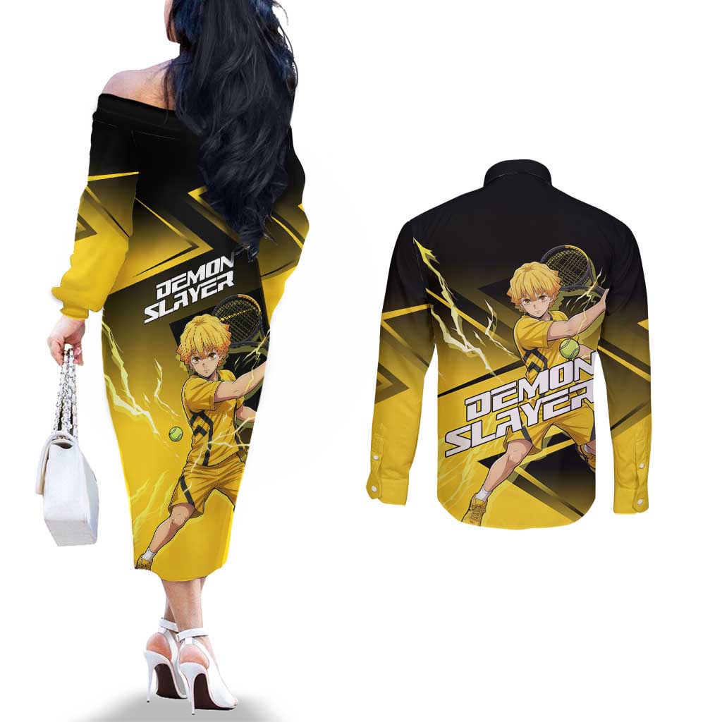 Zenitsu Agatsuma Thunder Smash Couples Matching Off The Shoulder Long Sleeve Dress and Long Sleeve Button Shirt Sporty Anime Mashup Style