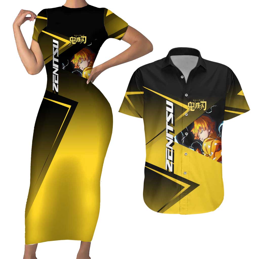 Zenitsu Agatsuma Thunder Smash Couples Matching Short Sleeve Bodycon Dress and Hawaiian Shirt Sporty Anime Mashup Style