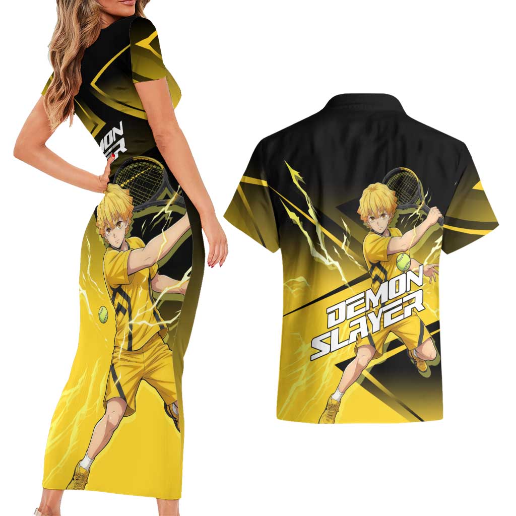 Zenitsu Agatsuma Thunder Smash Couples Matching Short Sleeve Bodycon Dress and Hawaiian Shirt Sporty Anime Mashup Style