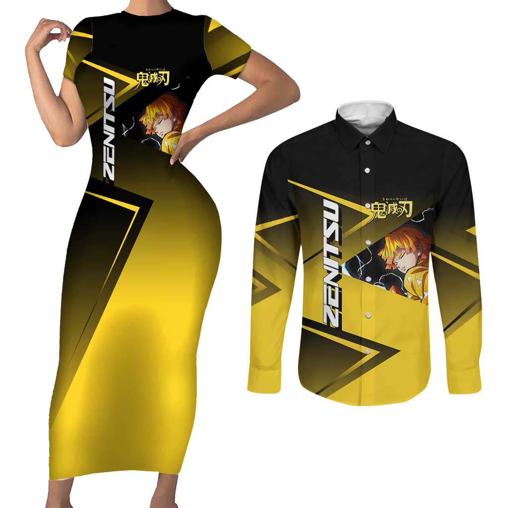 Zenitsu Agatsuma Thunder Smash Couples Matching Short Sleeve Bodycon Dress and Long Sleeve Button Shirt Sporty Anime Mashup Style