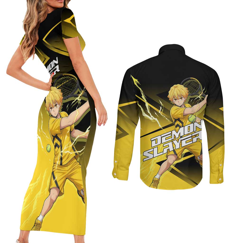 Zenitsu Agatsuma Thunder Smash Couples Matching Short Sleeve Bodycon Dress and Long Sleeve Button Shirt Sporty Anime Mashup Style