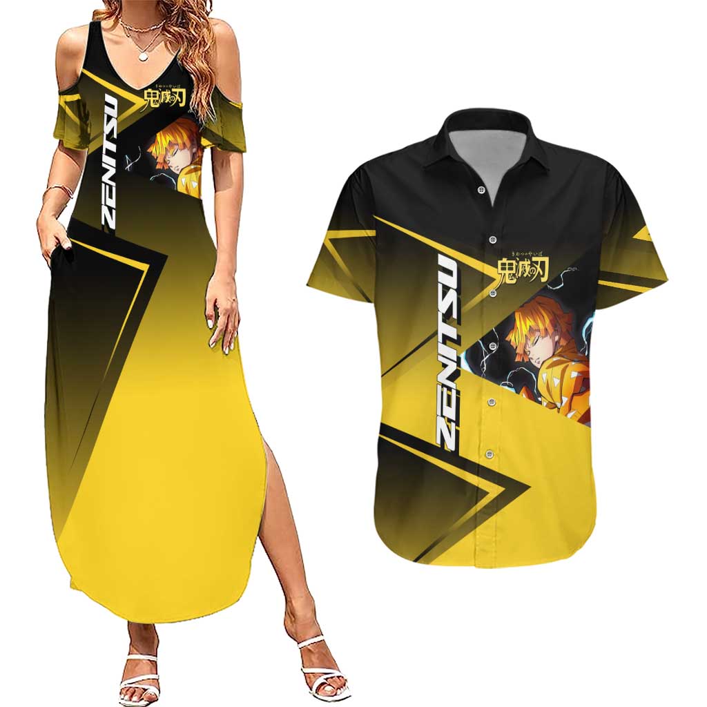 Zenitsu Agatsuma Thunder Smash Couples Matching Summer Maxi Dress and Hawaiian Shirt Sporty Anime Mashup Style