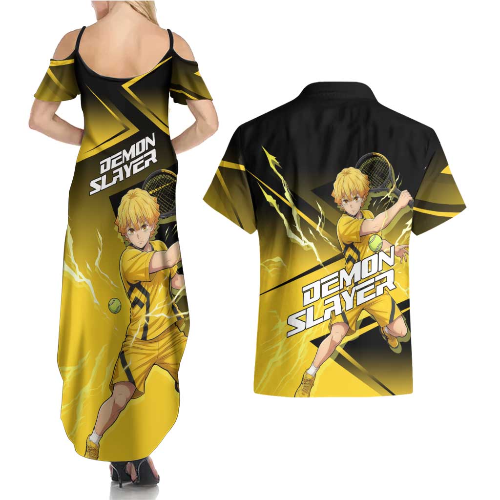 Zenitsu Agatsuma Thunder Smash Couples Matching Summer Maxi Dress and Hawaiian Shirt Sporty Anime Mashup Style