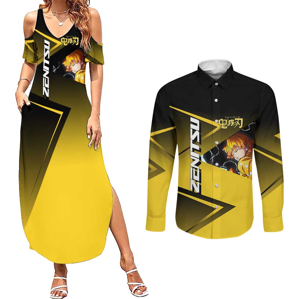 Zenitsu Agatsuma Thunder Smash Couples Matching Summer Maxi Dress and Long Sleeve Button Shirt Sporty Anime Mashup Style