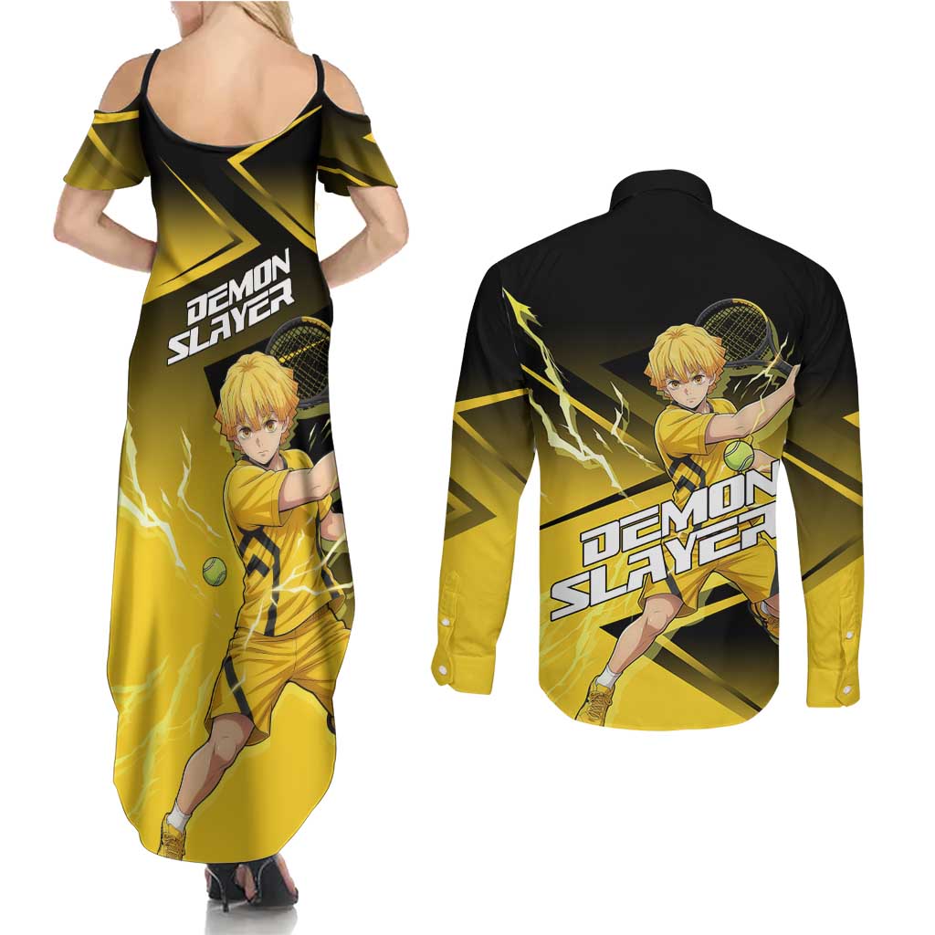Zenitsu Agatsuma Thunder Smash Couples Matching Summer Maxi Dress and Long Sleeve Button Shirt Sporty Anime Mashup Style