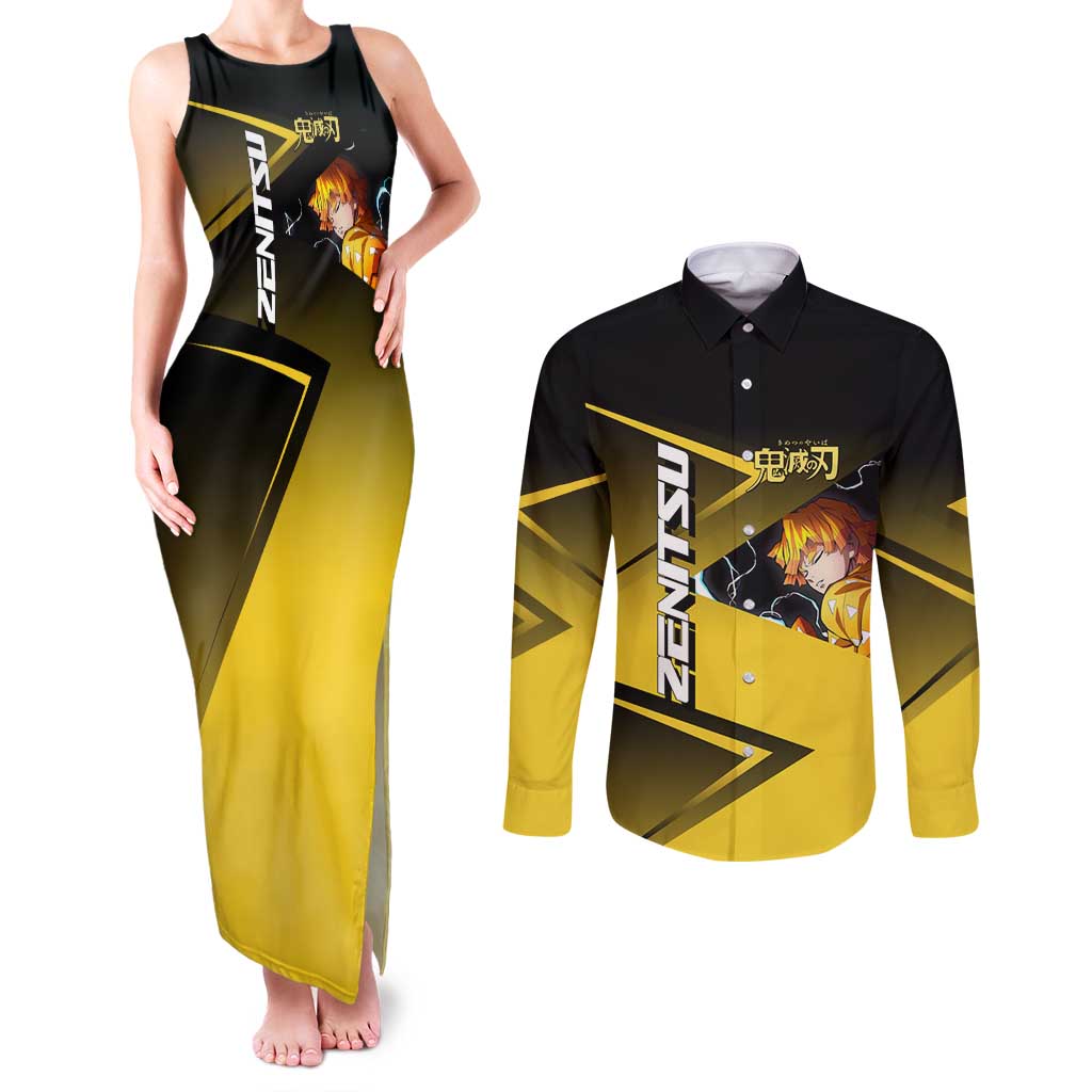 Zenitsu Agatsuma Thunder Smash Couples Matching Tank Maxi Dress and Long Sleeve Button Shirt Sporty Anime Mashup Style