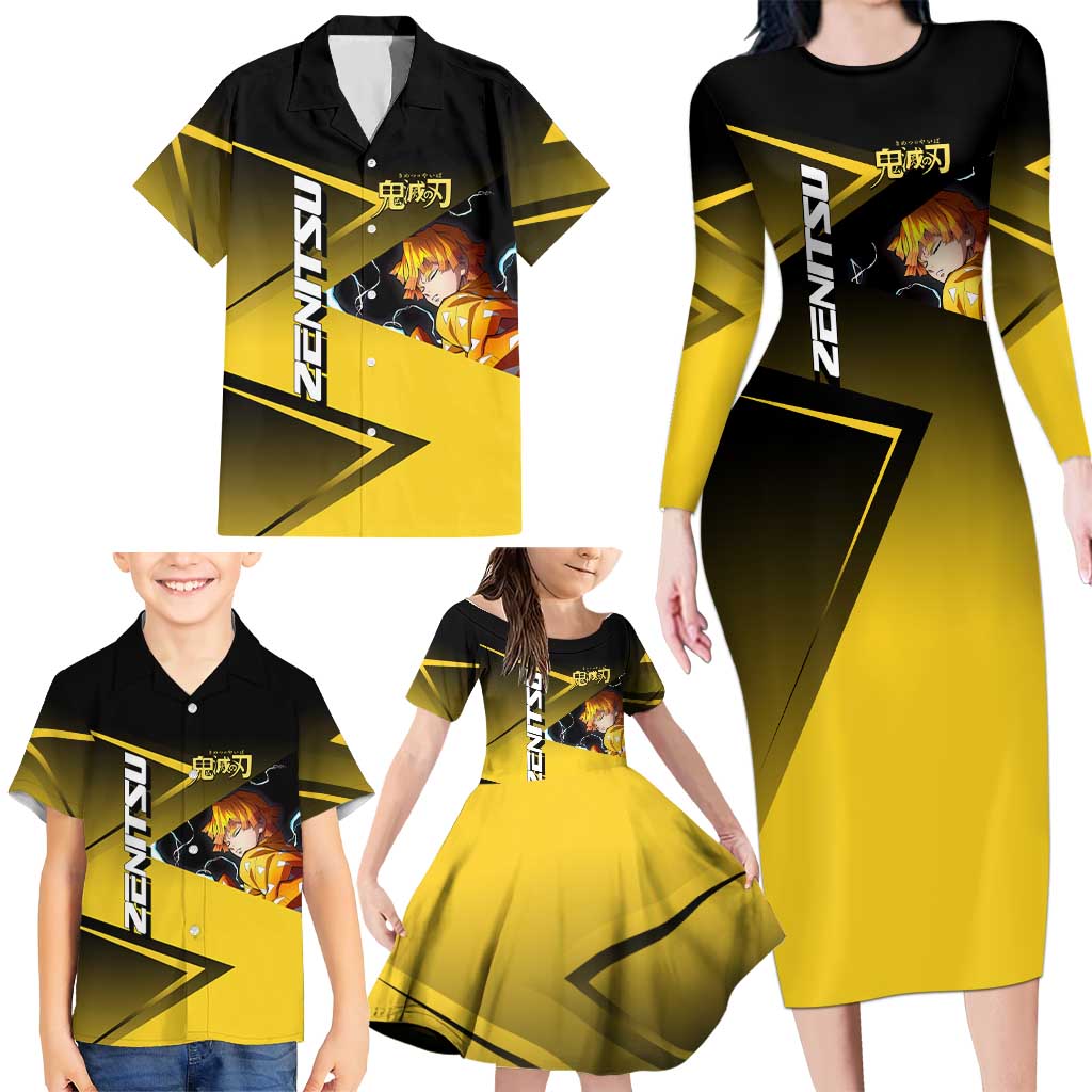 Zenitsu Agatsuma Thunder Smash Family Matching Long Sleeve Bodycon Dress and Hawaiian Shirt Sporty Anime Mashup Style