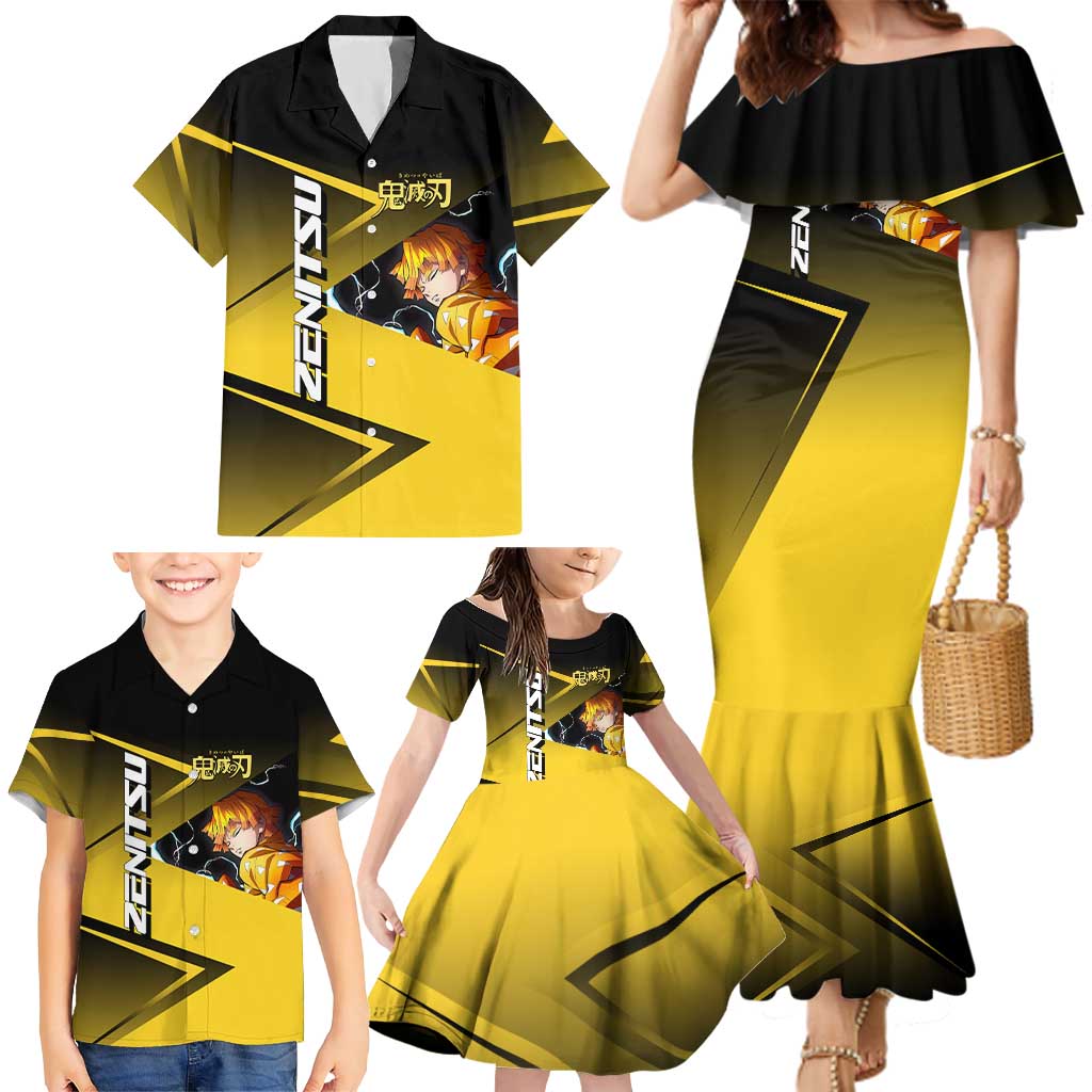 Zenitsu Agatsuma Thunder Smash Family Matching Mermaid Dress and Hawaiian Shirt Sporty Anime Mashup Style