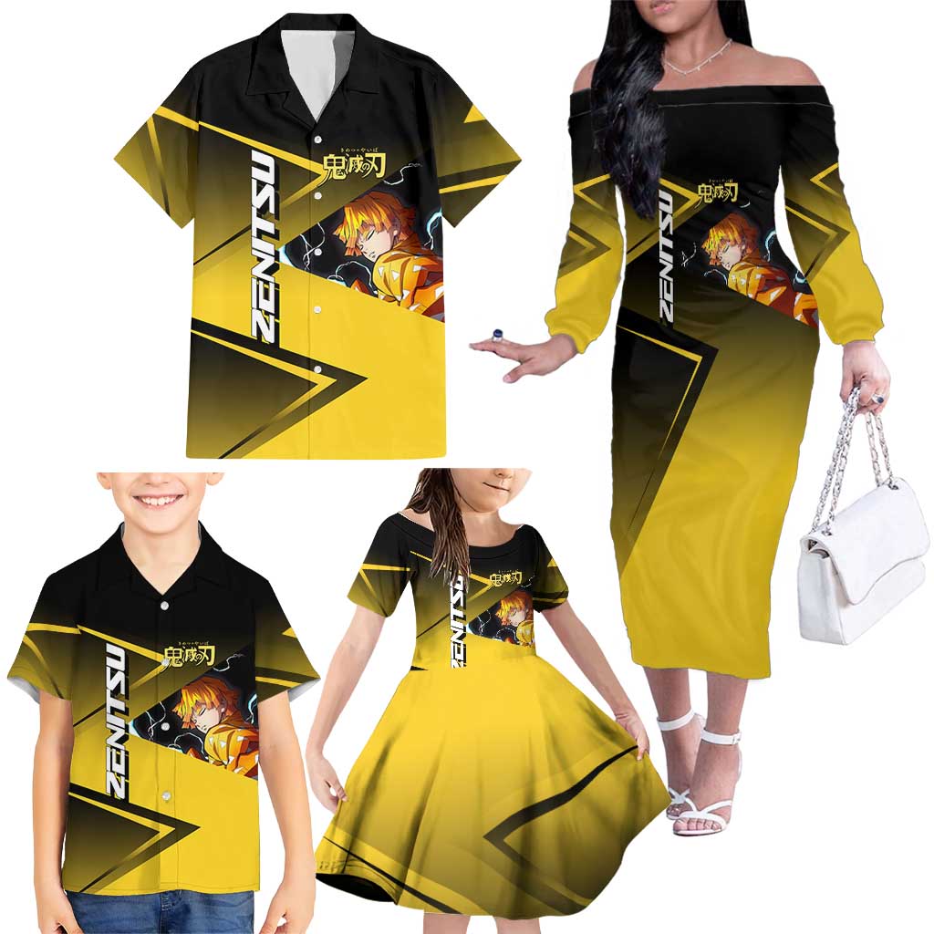 Zenitsu Agatsuma Thunder Smash Family Matching Off The Shoulder Long Sleeve Dress and Hawaiian Shirt Sporty Anime Mashup Style