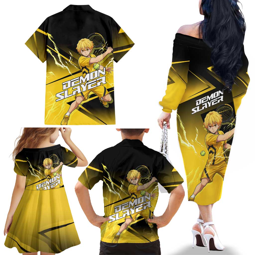 Zenitsu Agatsuma Thunder Smash Family Matching Off The Shoulder Long Sleeve Dress and Hawaiian Shirt Sporty Anime Mashup Style