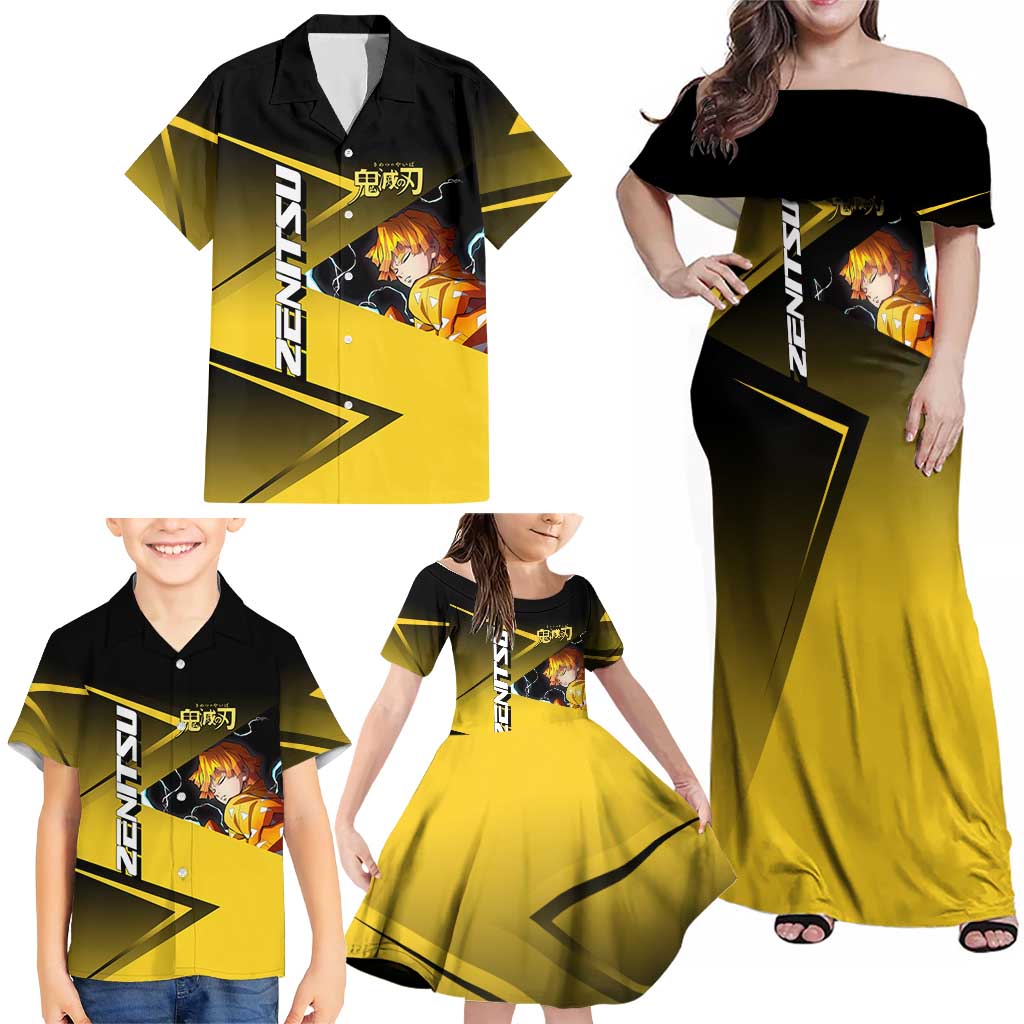 Zenitsu Agatsuma Thunder Smash Family Matching Off Shoulder Maxi Dress and Hawaiian Shirt Sporty Anime Mashup Style