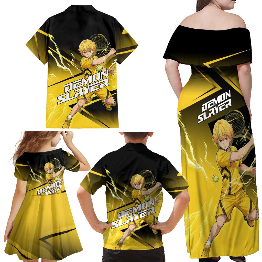 Zenitsu Agatsuma Thunder Smash Family Matching Off Shoulder Maxi Dress and Hawaiian Shirt Sporty Anime Mashup Style