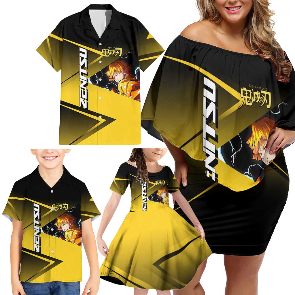 Zenitsu Agatsuma Thunder Smash Family Matching Off Shoulder Short Dress and Hawaiian Shirt Sporty Anime Mashup Style