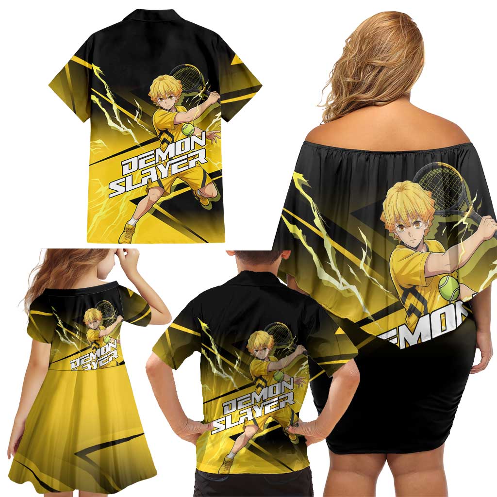 Zenitsu Agatsuma Thunder Smash Family Matching Off Shoulder Short Dress and Hawaiian Shirt Sporty Anime Mashup Style