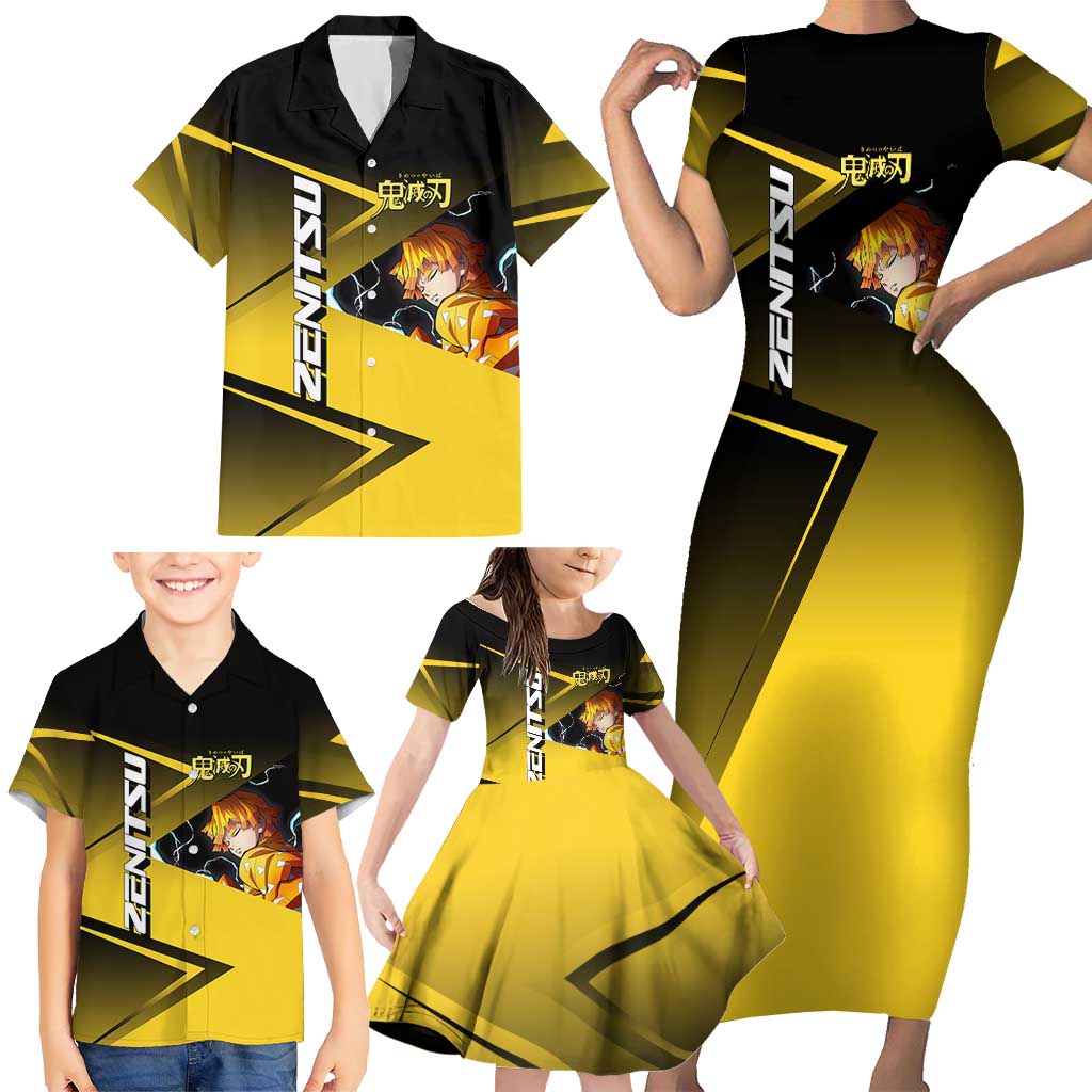 Zenitsu Agatsuma Thunder Smash Family Matching Short Sleeve Bodycon Dress and Hawaiian Shirt Sporty Anime Mashup Style