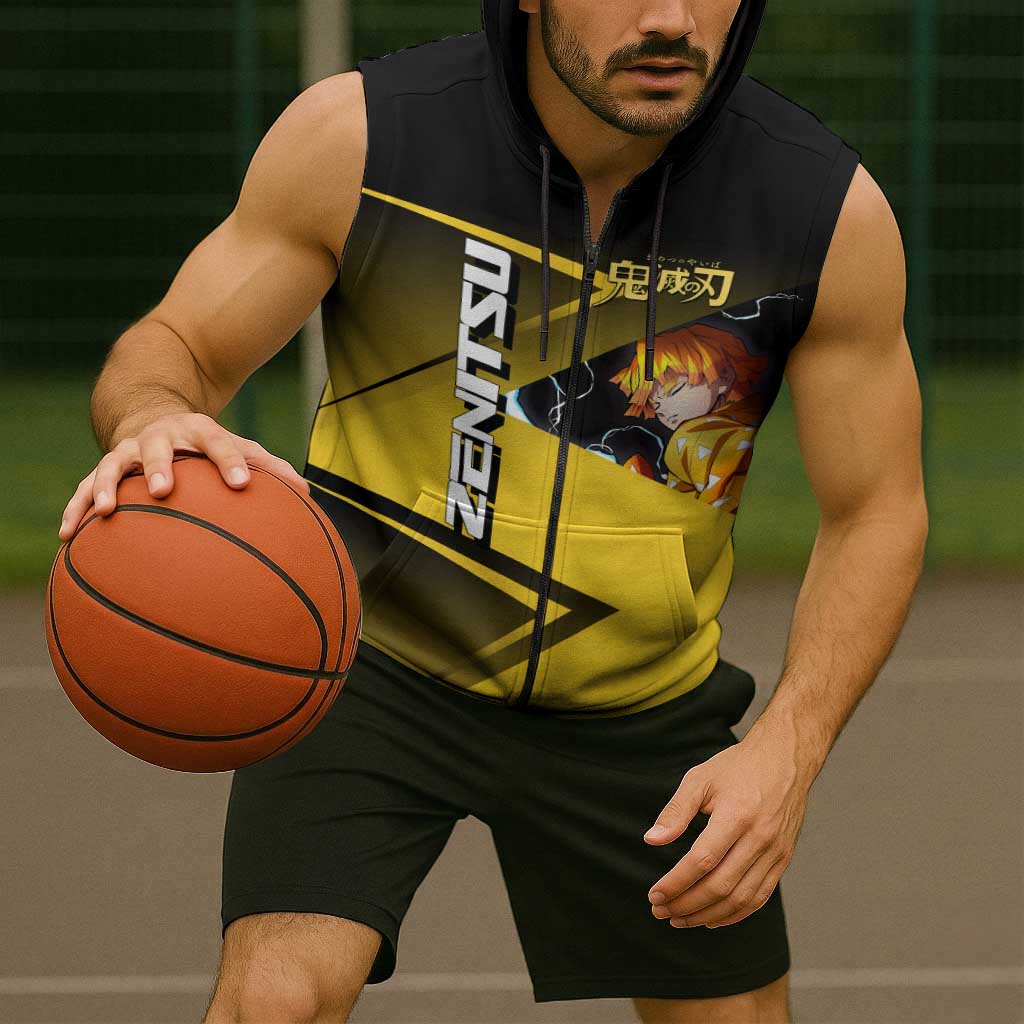 Zenitsu Agatsuma Thunder Smash Sleeveless Zip Hoodie Sporty Anime Mashup Style