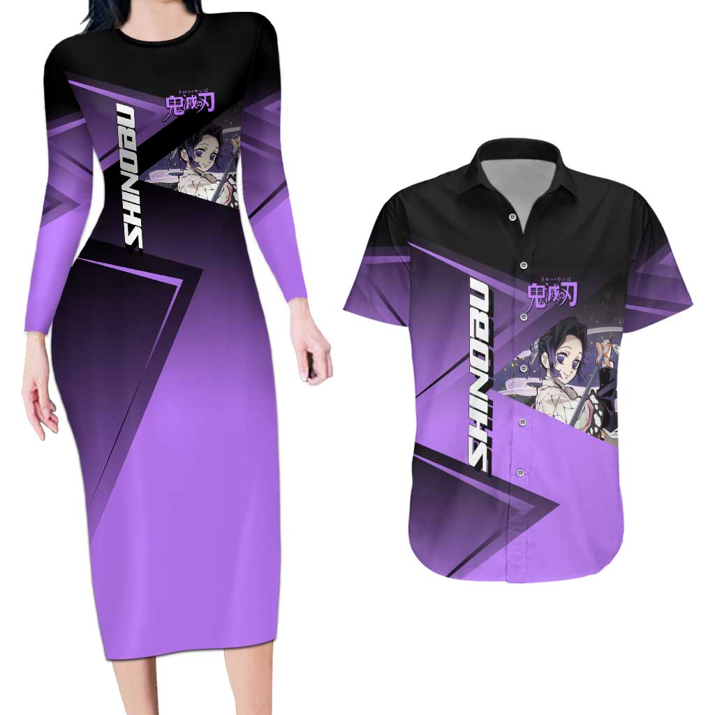Shinobu Kocho Insect Rally Couples Matching Long Sleeve Bodycon Dress and Hawaiian Shirt Sporty Anime Mashup Style
