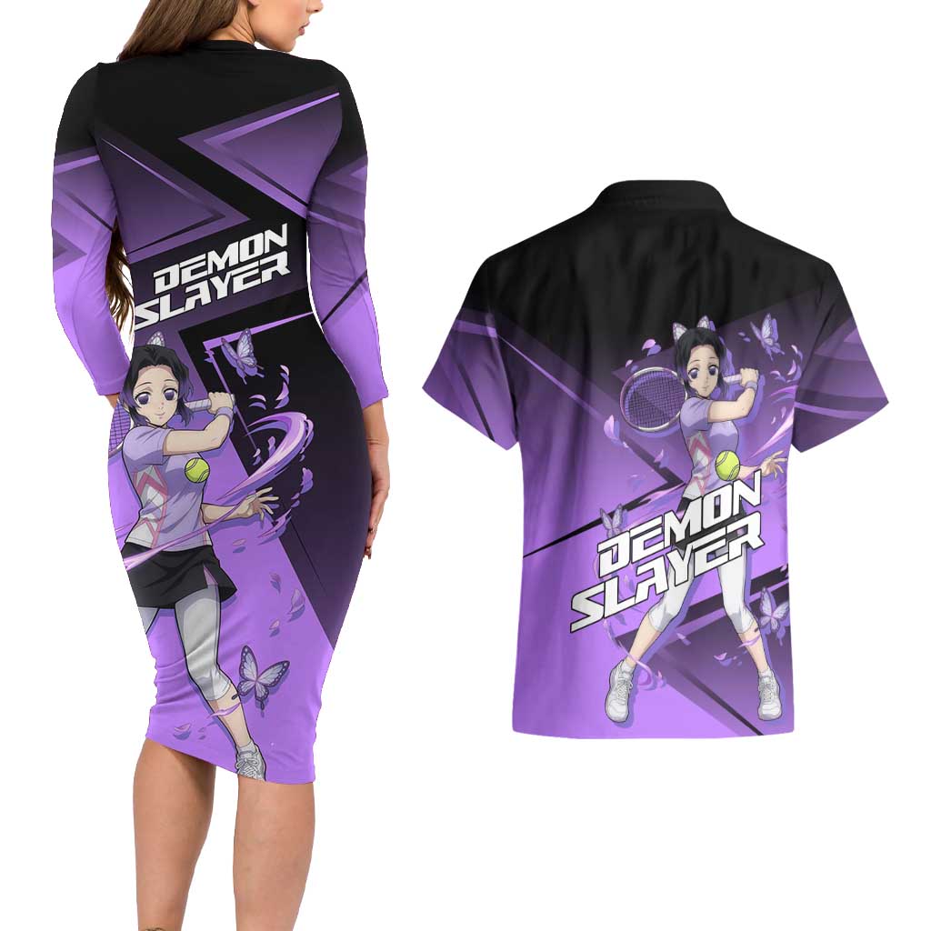 Shinobu Kocho Insect Rally Couples Matching Long Sleeve Bodycon Dress and Hawaiian Shirt Sporty Anime Mashup Style