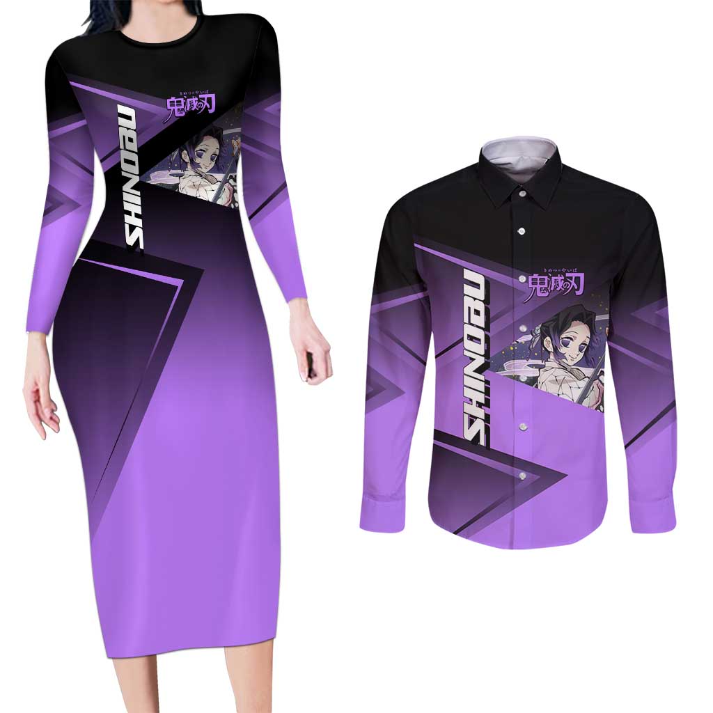 Shinobu Kocho Insect Rally Couples Matching Long Sleeve Bodycon Dress and Long Sleeve Button Shirt Sporty Anime Mashup Style