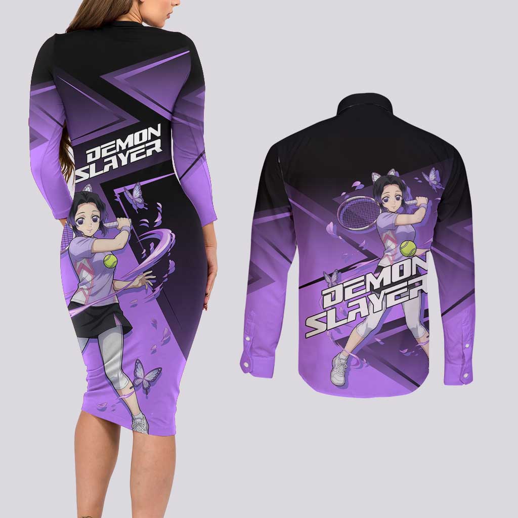 Shinobu Kocho Insect Rally Couples Matching Long Sleeve Bodycon Dress and Long Sleeve Button Shirt Sporty Anime Mashup Style