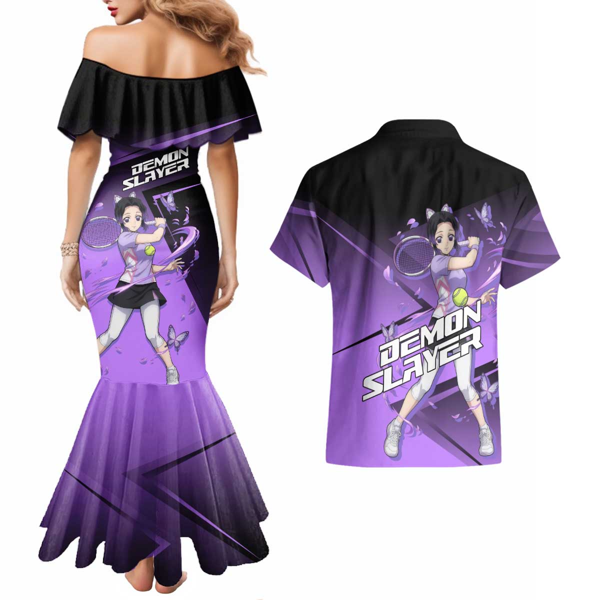 Shinobu Kocho Insect Rally Couples Matching Mermaid Dress and Hawaiian Shirt Sporty Anime Mashup Style