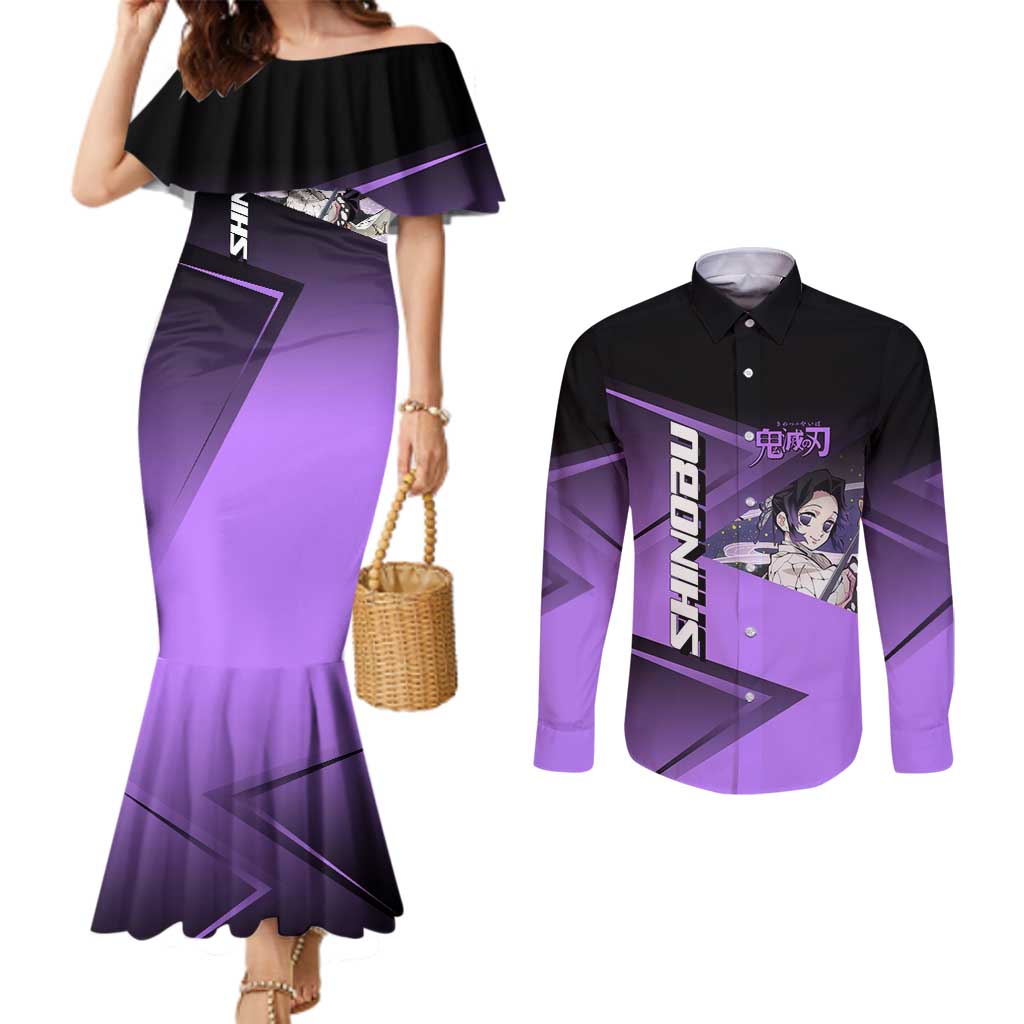 Shinobu Kocho Insect Rally Couples Matching Mermaid Dress and Long Sleeve Button Shirt Sporty Anime Mashup Style