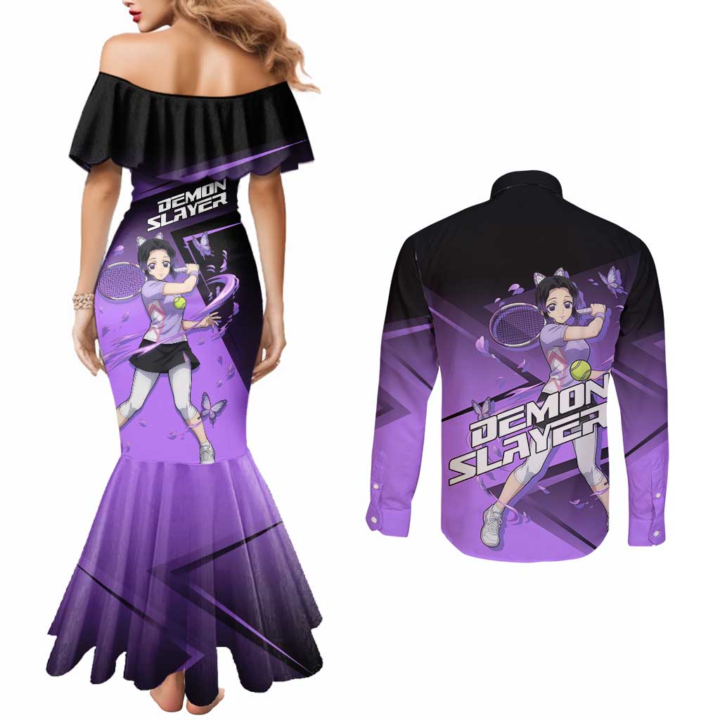 Shinobu Kocho Insect Rally Couples Matching Mermaid Dress and Long Sleeve Button Shirt Sporty Anime Mashup Style