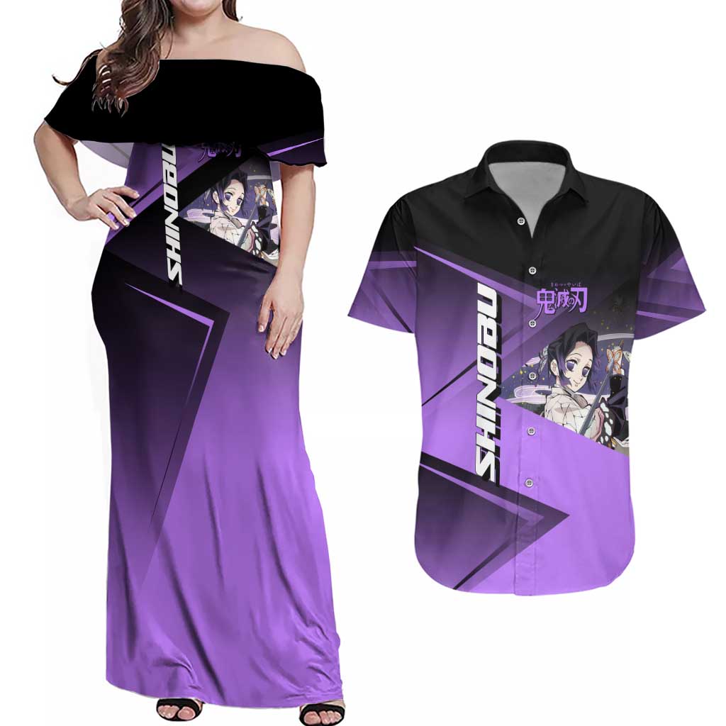 Shinobu Kocho Insect Rally Couples Matching Off Shoulder Maxi Dress and Hawaiian Shirt Sporty Anime Mashup Style