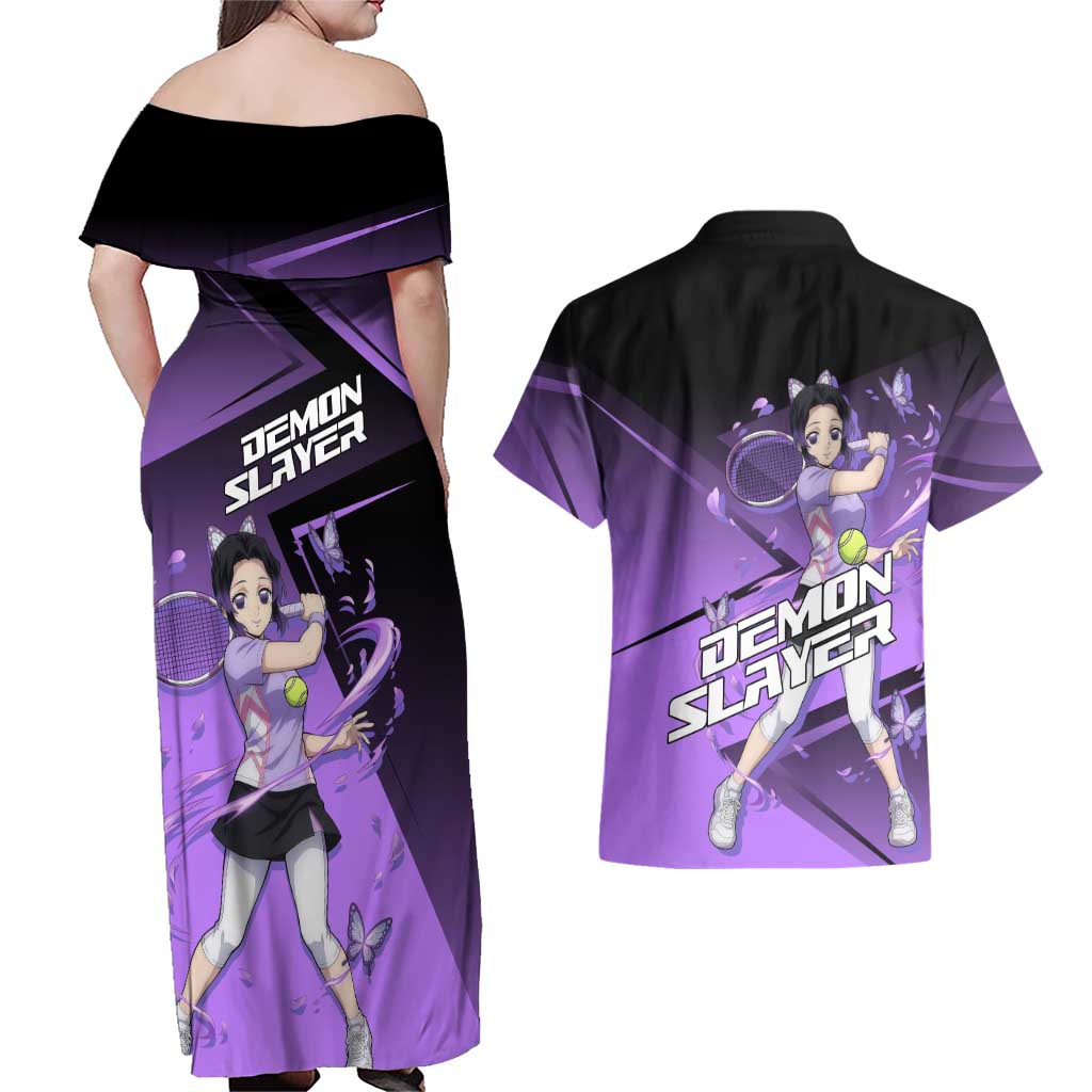 Shinobu Kocho Insect Rally Couples Matching Off Shoulder Maxi Dress and Hawaiian Shirt Sporty Anime Mashup Style