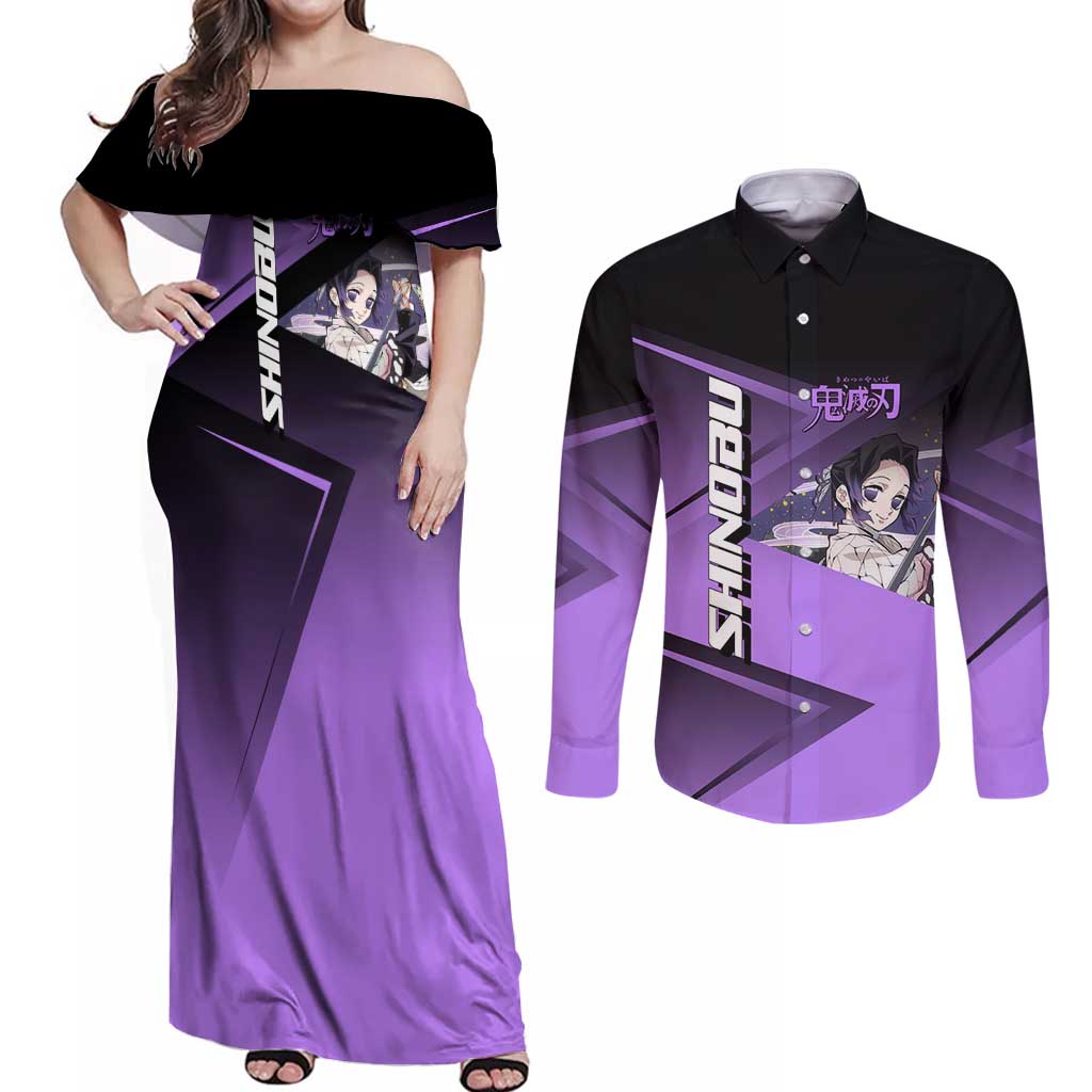 Shinobu Kocho Insect Rally Couples Matching Off Shoulder Maxi Dress and Long Sleeve Button Shirt Sporty Anime Mashup Style