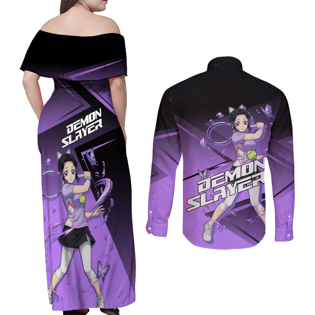 Shinobu Kocho Insect Rally Couples Matching Off Shoulder Maxi Dress and Long Sleeve Button Shirt Sporty Anime Mashup Style