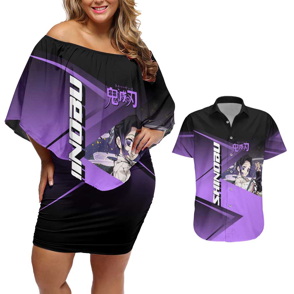 Shinobu Kocho Insect Rally Couples Matching Off Shoulder Short Dress and Hawaiian Shirt Sporty Anime Mashup Style