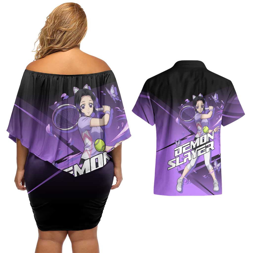 Shinobu Kocho Insect Rally Couples Matching Off Shoulder Short Dress and Hawaiian Shirt Sporty Anime Mashup Style