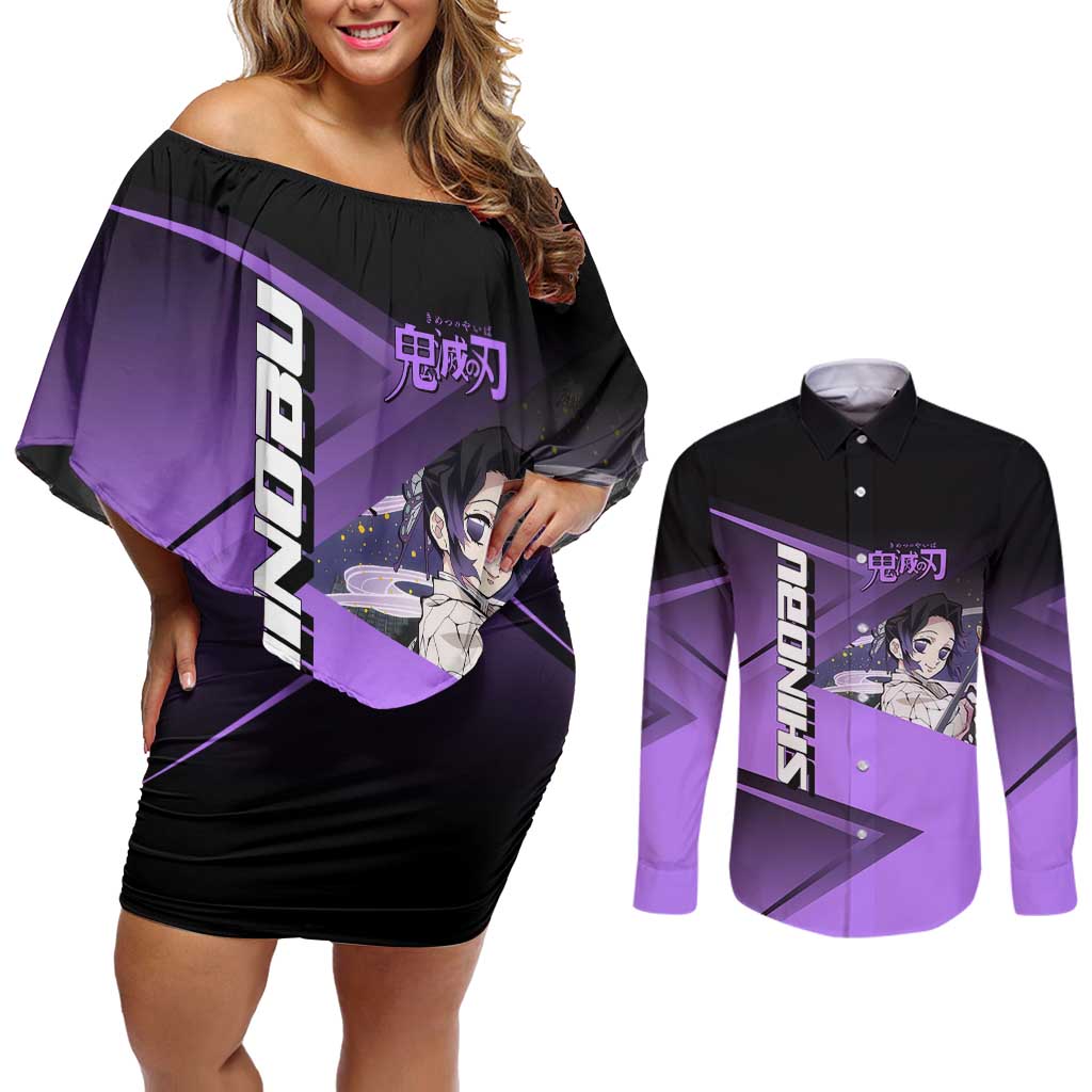 Shinobu Kocho Insect Rally Couples Matching Off Shoulder Short Dress and Long Sleeve Button Shirt Sporty Anime Mashup Style