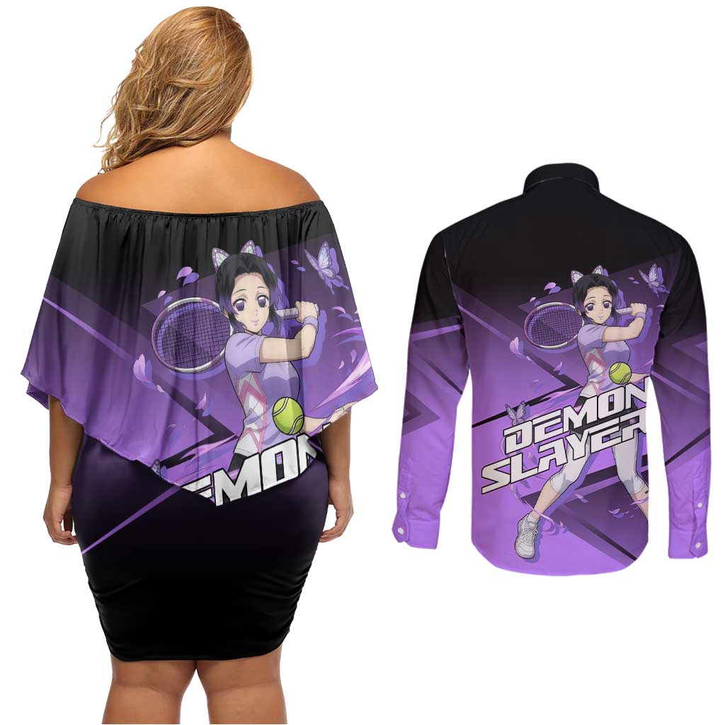 Shinobu Kocho Insect Rally Couples Matching Off Shoulder Short Dress and Long Sleeve Button Shirt Sporty Anime Mashup Style