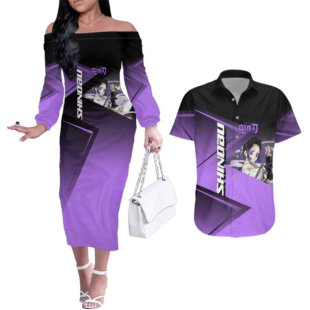 Shinobu Kocho Insect Rally Couples Matching Off The Shoulder Long Sleeve Dress and Hawaiian Shirt Sporty Anime Mashup Style