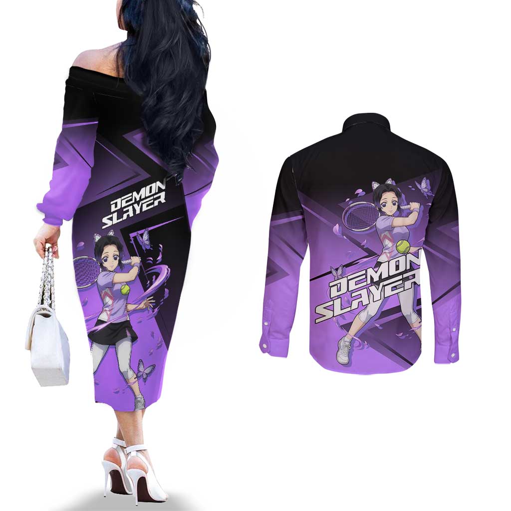 Shinobu Kocho Insect Rally Couples Matching Off The Shoulder Long Sleeve Dress and Long Sleeve Button Shirt Sporty Anime Mashup Style