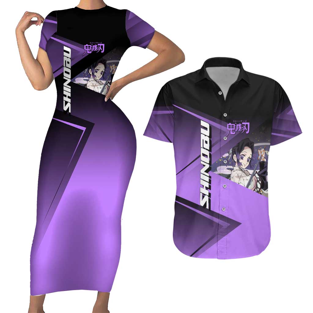 Shinobu Kocho Insect Rally Couples Matching Short Sleeve Bodycon Dress and Hawaiian Shirt Sporty Anime Mashup Style