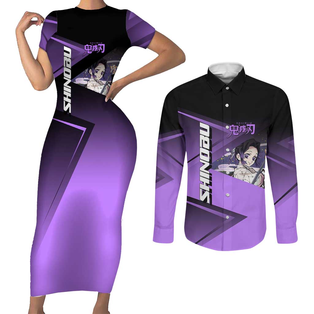 Shinobu Kocho Insect Rally Couples Matching Short Sleeve Bodycon Dress and Long Sleeve Button Shirt Sporty Anime Mashup Style