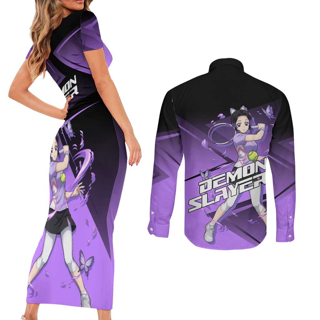 Shinobu Kocho Insect Rally Couples Matching Short Sleeve Bodycon Dress and Long Sleeve Button Shirt Sporty Anime Mashup Style