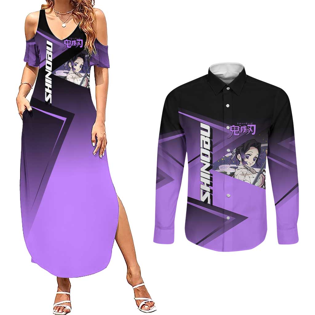 Shinobu Kocho Insect Rally Couples Matching Summer Maxi Dress and Long Sleeve Button Shirt Sporty Anime Mashup Style