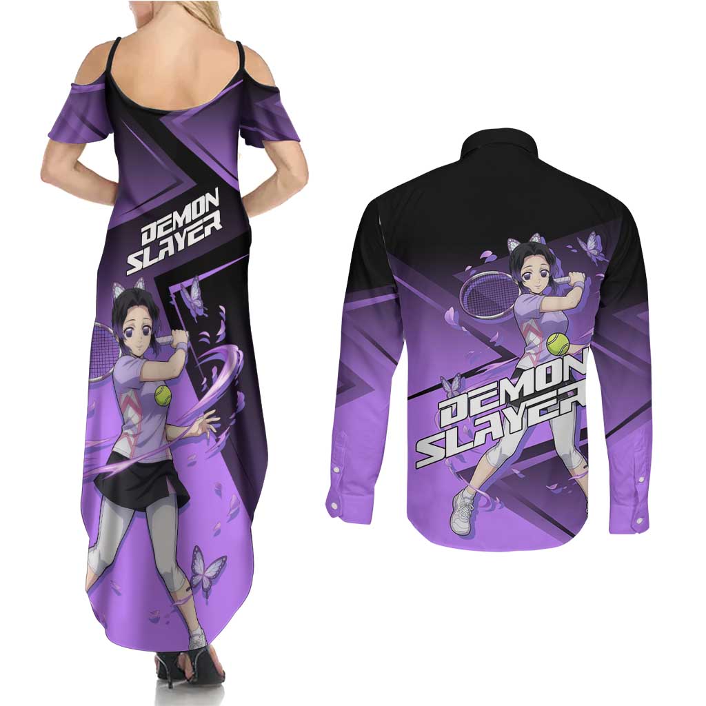 Shinobu Kocho Insect Rally Couples Matching Summer Maxi Dress and Long Sleeve Button Shirt Sporty Anime Mashup Style