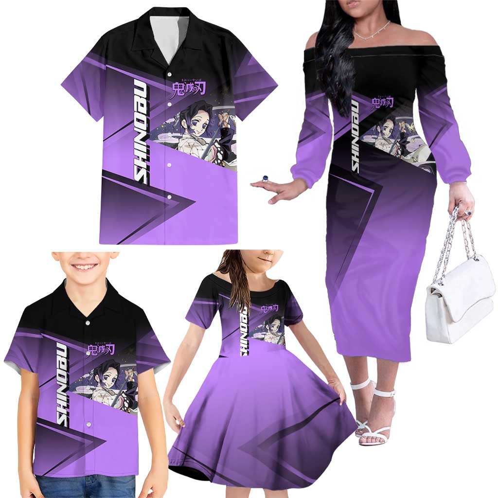 Shinobu Kocho Insect Rally Family Matching Off The Shoulder Long Sleeve Dress and Hawaiian Shirt Sporty Anime Mashup Style