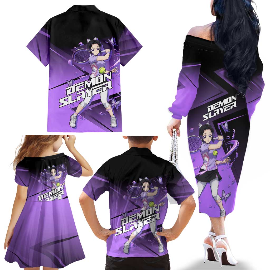 Shinobu Kocho Insect Rally Family Matching Off The Shoulder Long Sleeve Dress and Hawaiian Shirt Sporty Anime Mashup Style