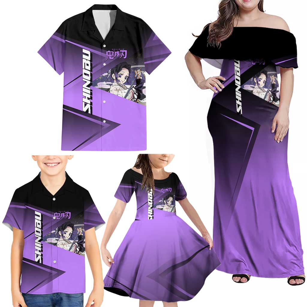 Shinobu Kocho Insect Rally Family Matching Off Shoulder Maxi Dress and Hawaiian Shirt Sporty Anime Mashup Style
